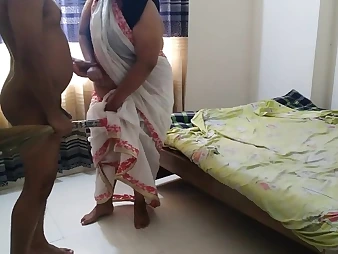 Excited Indian COUGAR gets ruined by a stranger's stiff pink cigar in a white saree